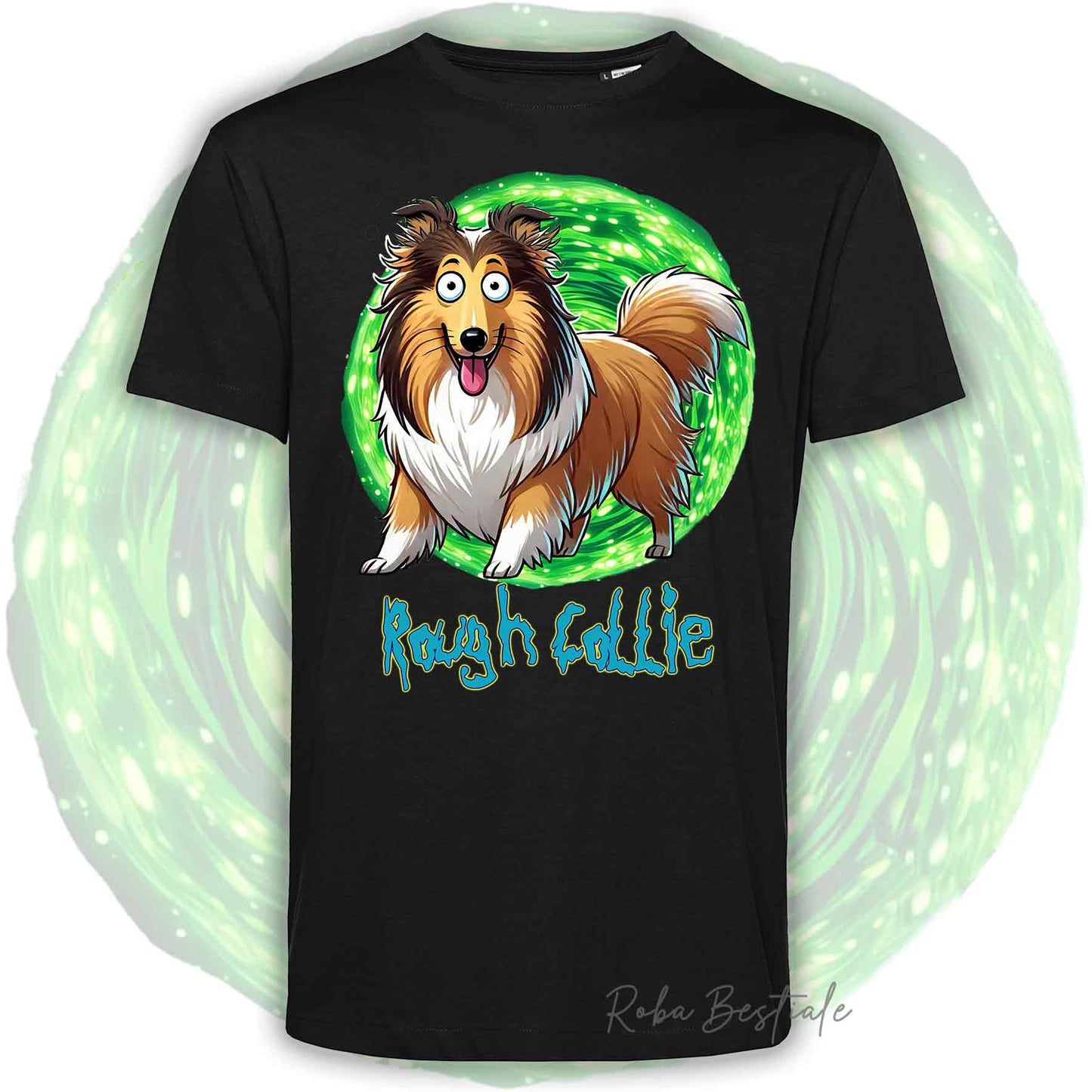 T-Shirt RICK & MORTY - CANE DA PASTORE SCOZZESE a Pelo Lungo, Fulvo Zibellino - Bianca, Beige o Nera, Uomo o Donna - dalla XS alla 5XL