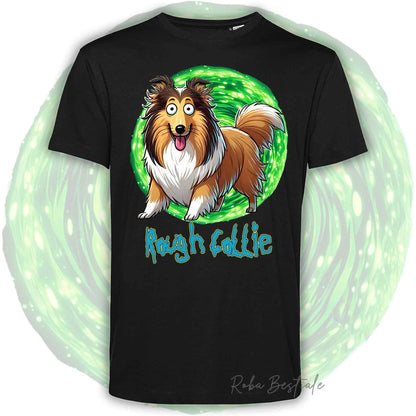 T-Shirt RICK & MORTY - CANE DA PASTORE SCOZZESE a Pelo Lungo, Fulvo Zibellino - Bianca, Beige o Nera, Uomo o Donna - dalla XS alla 5XL