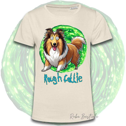 T-Shirt RICK & MORTY - CANE DA PASTORE SCOZZESE a Pelo Lungo, Fulvo Zibellino - Bianca, Beige o Nera, Uomo o Donna - dalla XS alla 5XL
