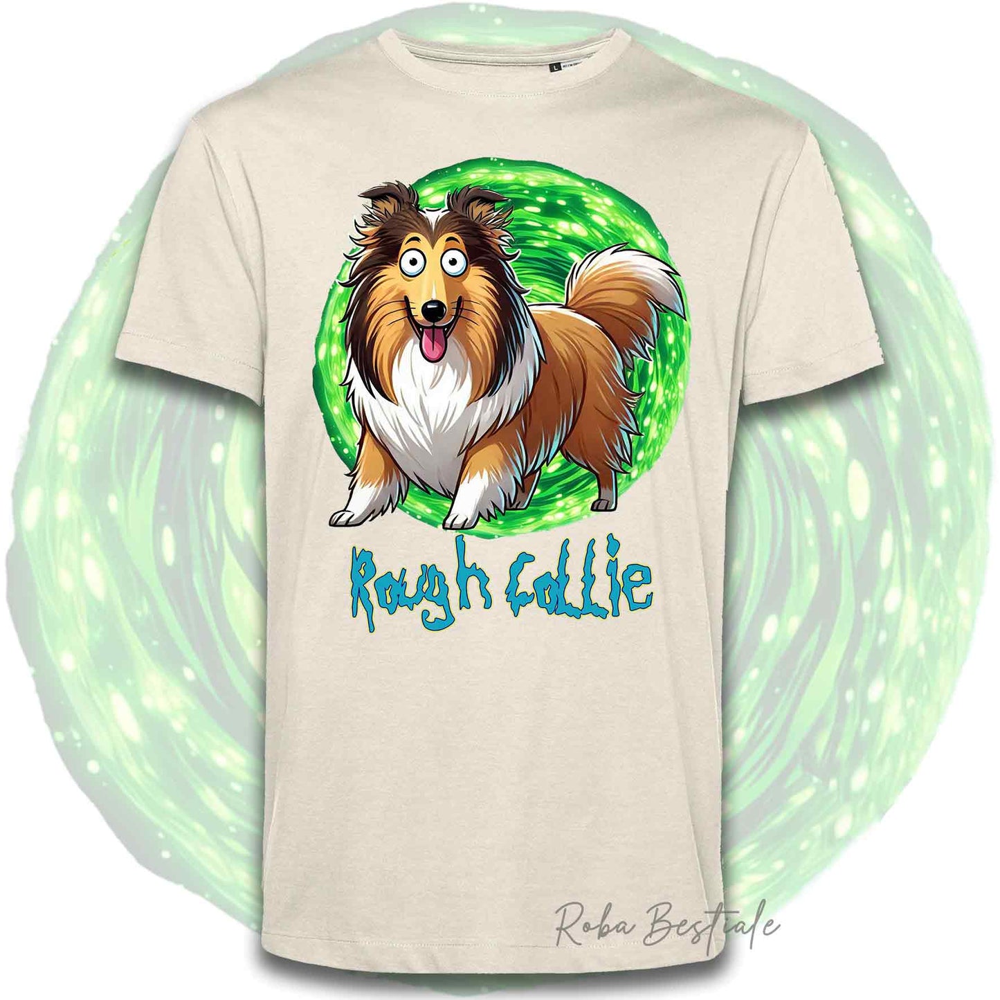 T-Shirt RICK & MORTY - CANE DA PASTORE SCOZZESE a Pelo Lungo, Fulvo Zibellino - Bianca, Beige o Nera, Uomo o Donna - dalla XS alla 5XL