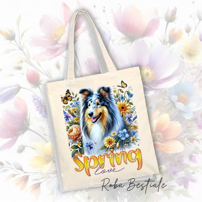 Shopper SPRING LOVE - CANE DA PASTORE SCOZZESE a Pelo Lungo, Blue Merle - Diversi colori disponibili, 100% Cotone