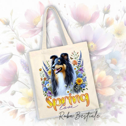 SPRING LOVE Shopper - Long-Haired SCOTTISH SHEPHERD DOG, Black Tricolor - Various Colors Available, 100% Cotton