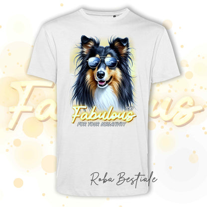 T-Shirt TOO FABULOUS - CANE DA PASTORE SCOZZESE a Pelo Lungo, Black Tricolor - 100% Cotone, Bianca, Uomo o Donna - dalla XS alla 5XL