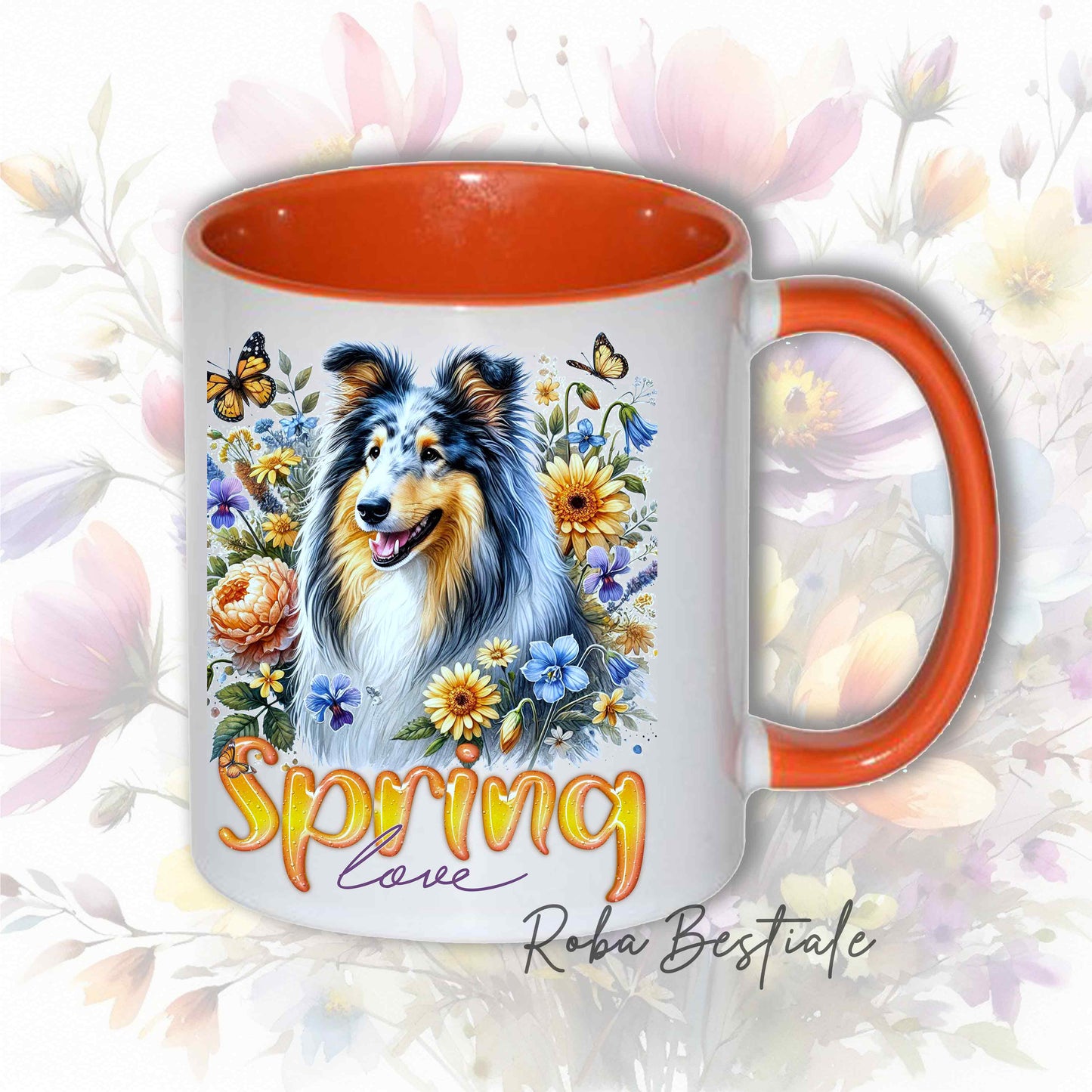 Tazza SPRING LOVE - CANE DA PASTORE SCOZZESE a Pelo Lungo, Blue Merle - In Ceramica, con manico e interno colorati - 330 ml