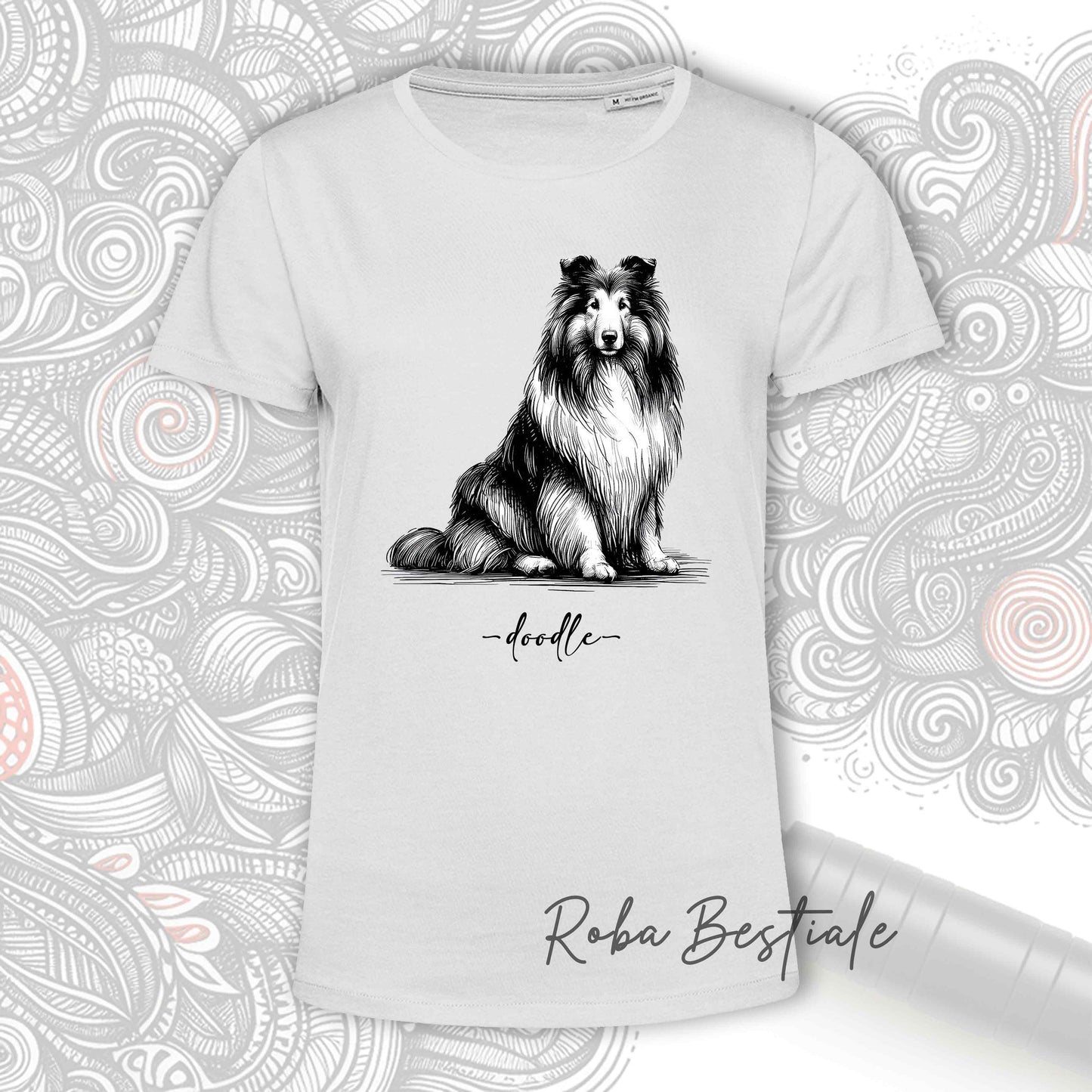 T-Shirt DOODLE - CANE DA PASTORE SCOZZESE a Pelo Lungo - 100% Cotone, Bianca, Uomo o Donna - dalla XS alla 5XL