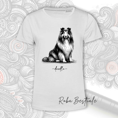 T-Shirt DOODLE - CANE DA PASTORE SCOZZESE a Pelo Lungo - 100% Cotone, Bianca, Uomo o Donna - dalla XS alla 5XL