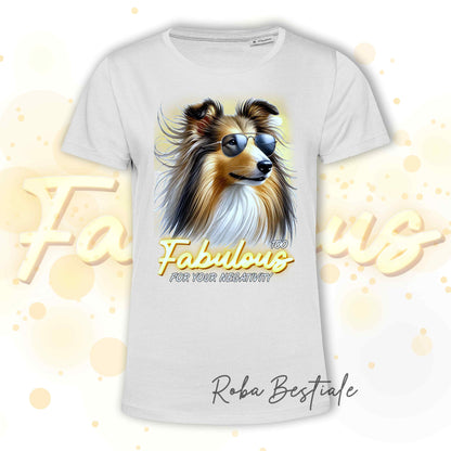 T-Shirt TOO FABULOUS - CANE DA PASTORE SCOZZESE a Pelo Lungo, Sable - 100% Cotone, Bianca, Uomo o Donna - dalla XS alla 5XL