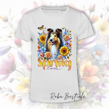 T-Shirt SPRING LOVE - CANE DA PASTORE SCOZZESE a Pelo Lungo, Sable - 100% Cotone, Bianca, Uomo o Donna - dalla XS alla 5XL