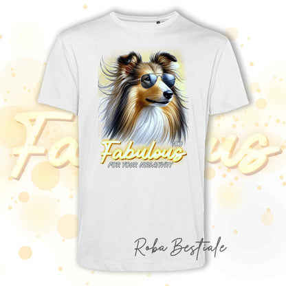 T-Shirt TOO FABULOUS - CANE DA PASTORE SCOZZESE a Pelo Lungo, Sable - 100% Cotone, Bianca, Uomo o Donna - dalla XS alla 5XL