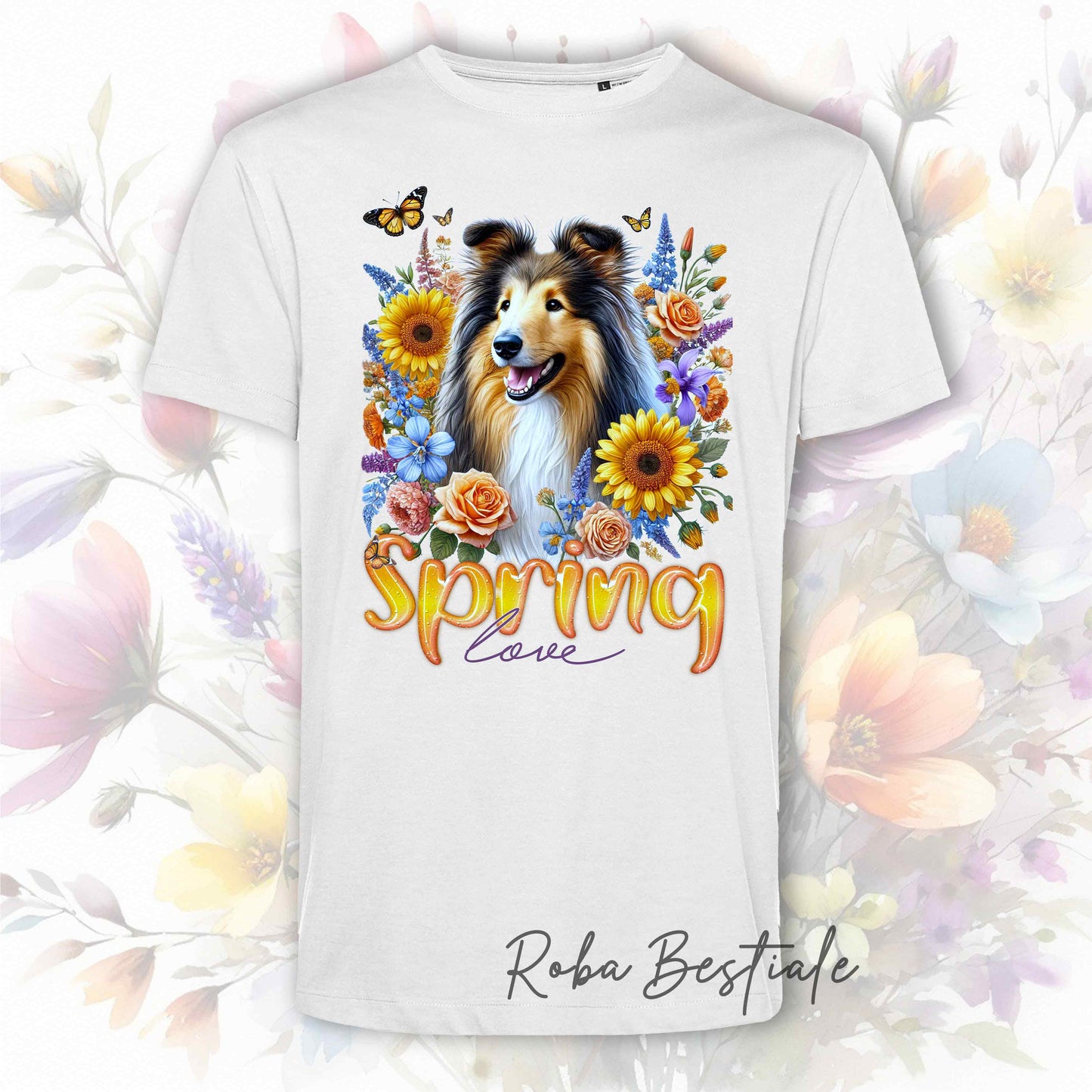 T-Shirt SPRING LOVE - CANE DA PASTORE SCOZZESE a Pelo Lungo, Sable - 100% Cotone, Bianca, Uomo o Donna - dalla XS alla 5XL