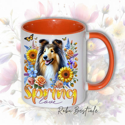 Tazza SPRING LOVE - CANE DA PASTORE SCOZZESE a Pelo Lungo, Sable - In Ceramica, manico e interno colorati - 330ml