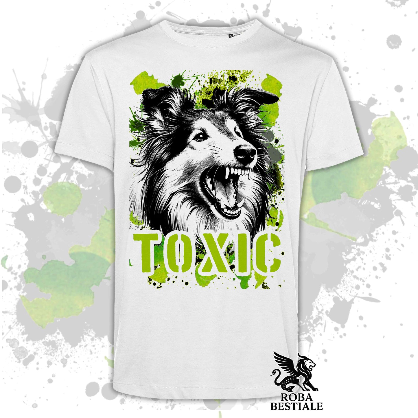 T-Shirt TOXIC - CANE DA PASTORE SCOZZESE a Pelo Lungo - Bianca o Beige, da Uomo o da Donna - dalla XS alla 5XL