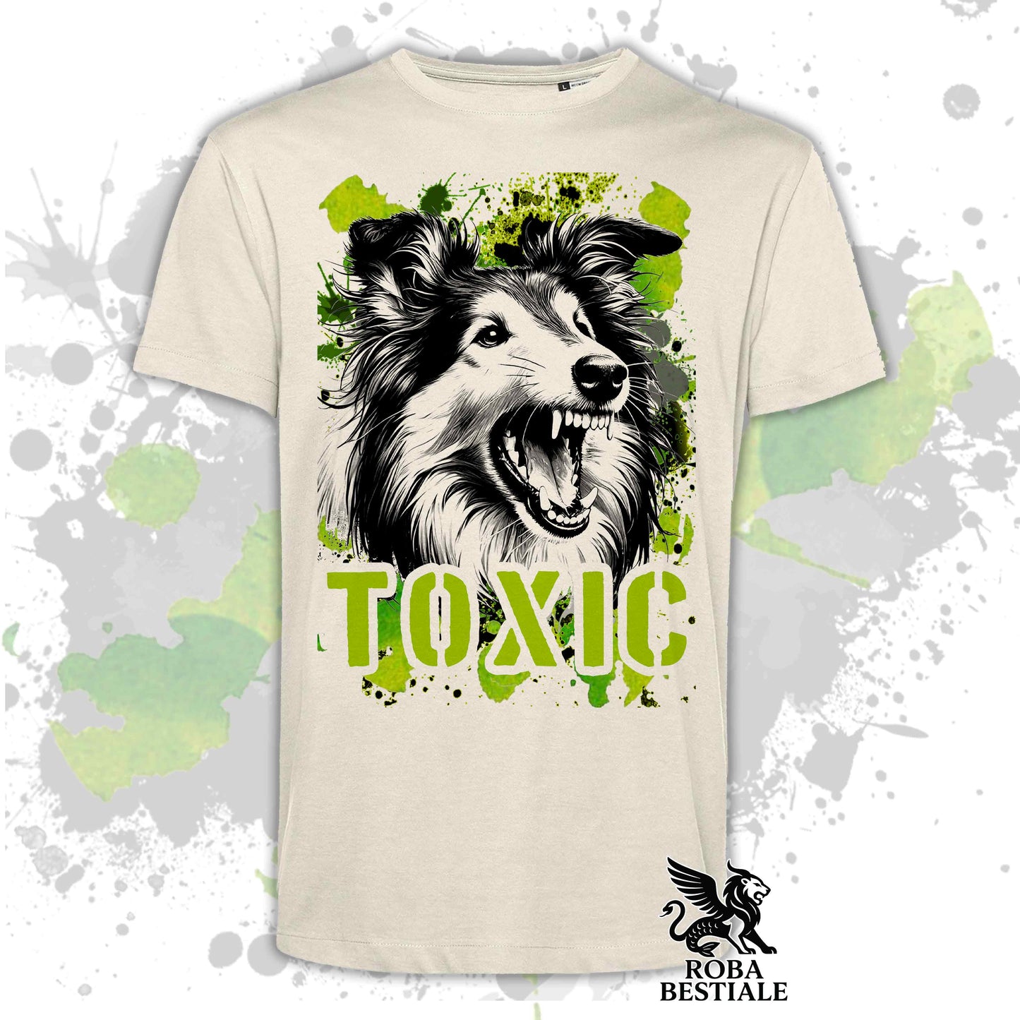 T-Shirt TOXIC - CANE DA PASTORE SCOZZESE a Pelo Lungo - Bianca o Beige, da Uomo o da Donna - dalla XS alla 5XL