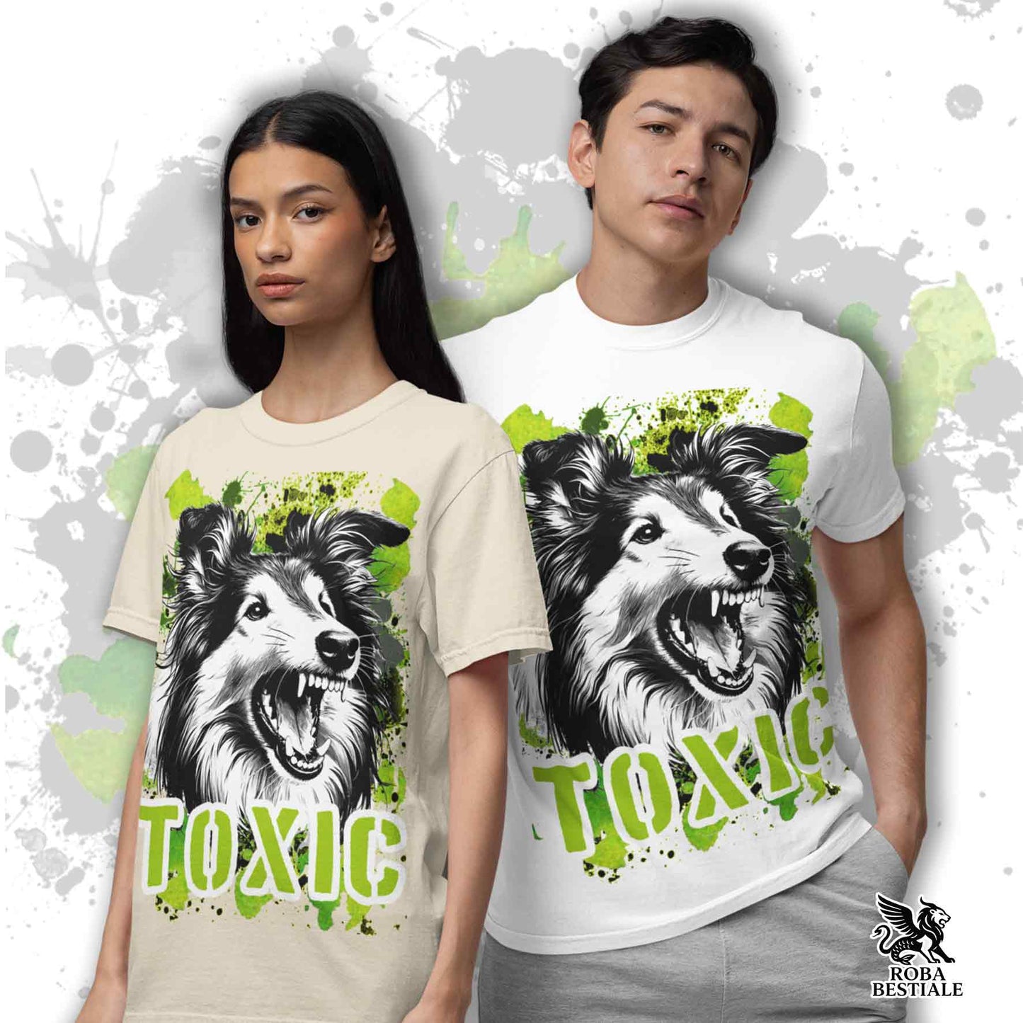 T-Shirt TOXIC - CANE DA PASTORE SCOZZESE a Pelo Lungo - Bianca o Beige, da Uomo o da Donna - dalla XS alla 5XL