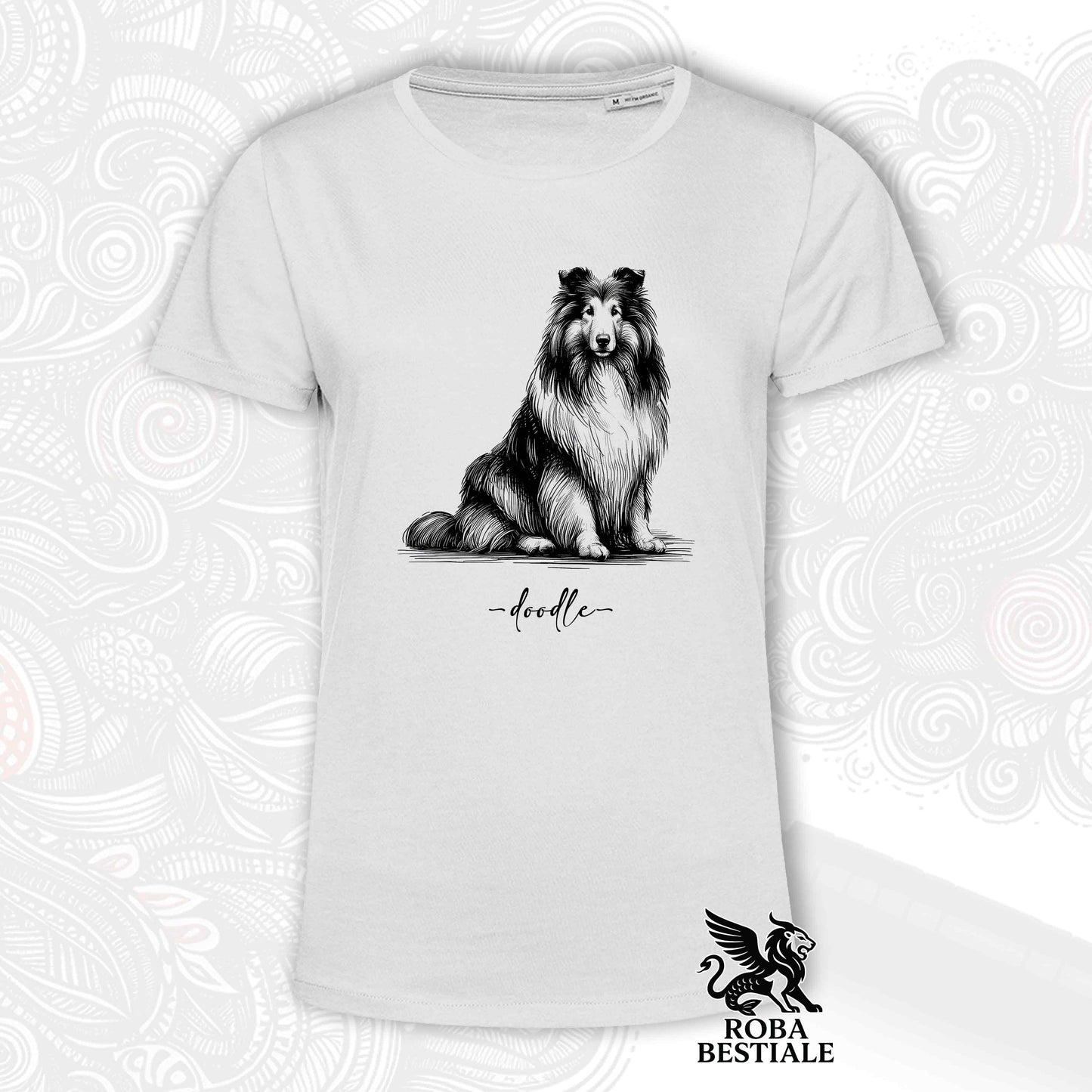 T-Shirt DOODLE - CANE DA PASTORE SCOZZESE a Pelo Lungo - Bianca o Beige, da Uomo o da Donna - dalla XS alla 5XLXL