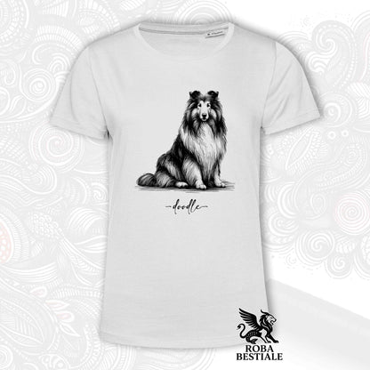 T-Shirt DOODLE - CANE DA PASTORE SCOZZESE a Pelo Lungo - Bianca o Beige, da Uomo o da Donna - dalla XS alla 5XLXL