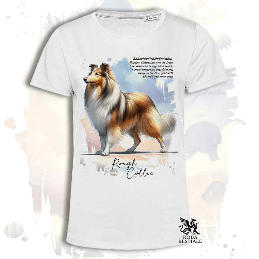T-Shirt BEHAVIOR - CANE DA PASTORE SCOZZESE a Pelo Lungo Zibellino - Bianca o Beige, da Uomo o da Donna - dalla XS alla 5XL