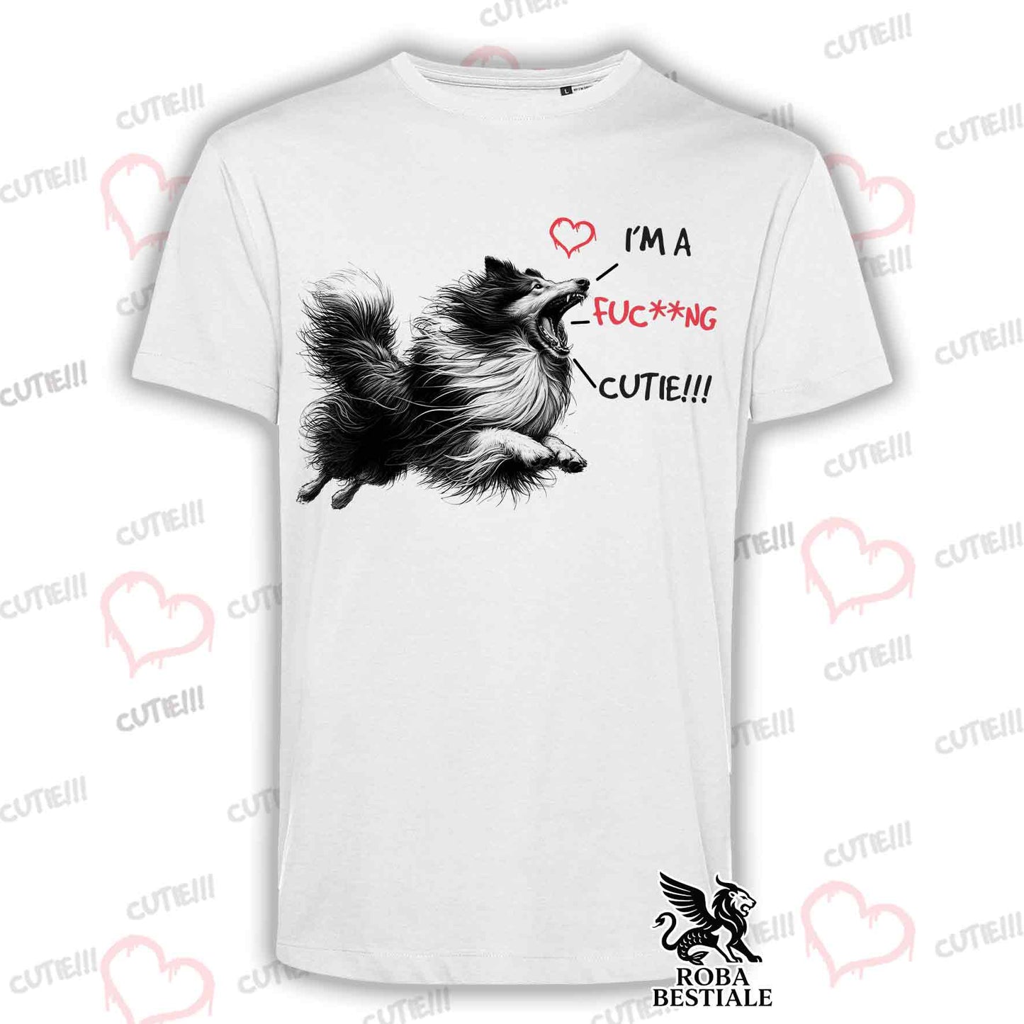 T-Shirt CUTIE - COLLIE à Poil Long - Blanc ou Beige, Homme ou Femme - du XS au 5XL