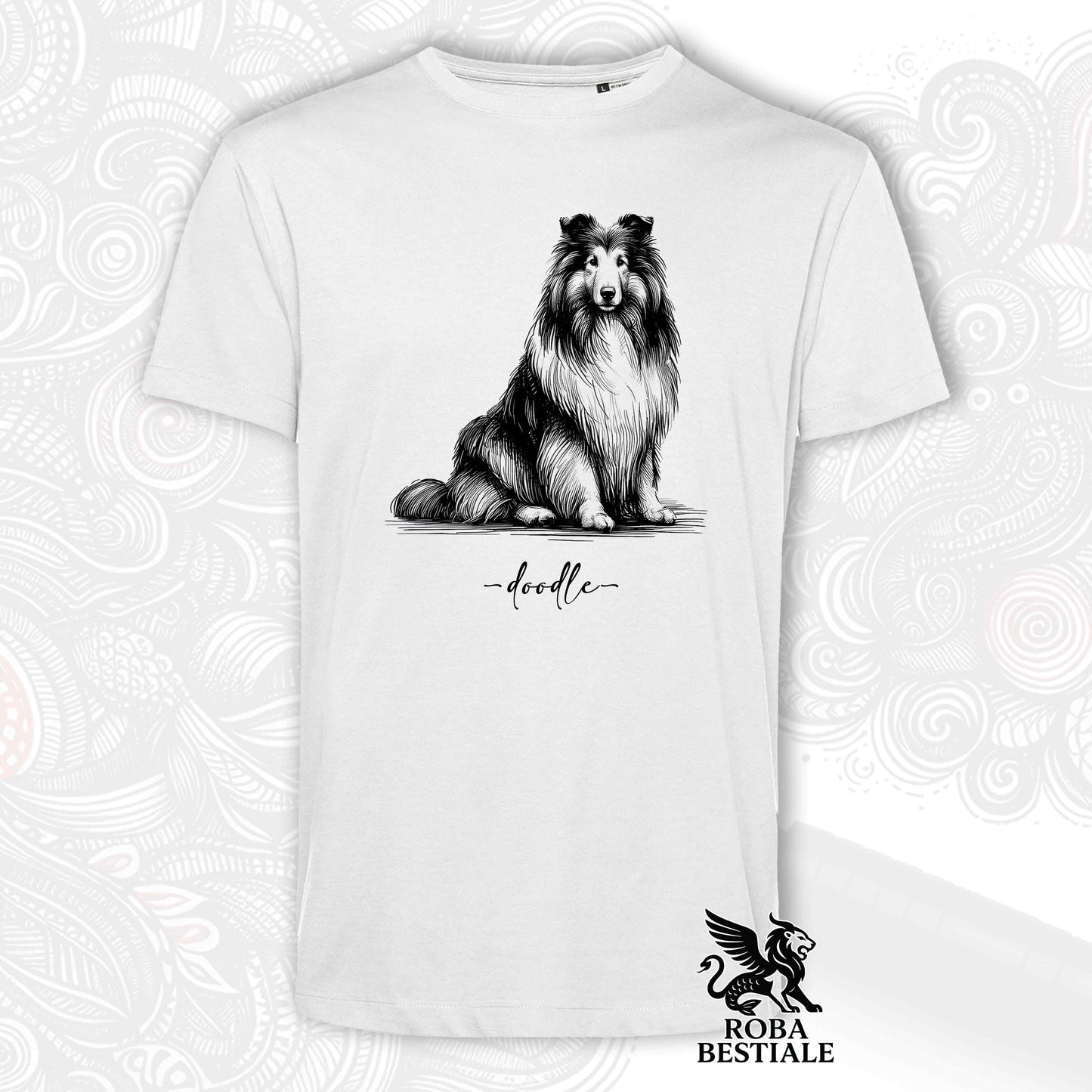 T-Shirt DOODLE - CANE DA PASTORE SCOZZESE a Pelo Lungo - Bianca o Beige, da Uomo o da Donna - dalla XS alla 5XLXL