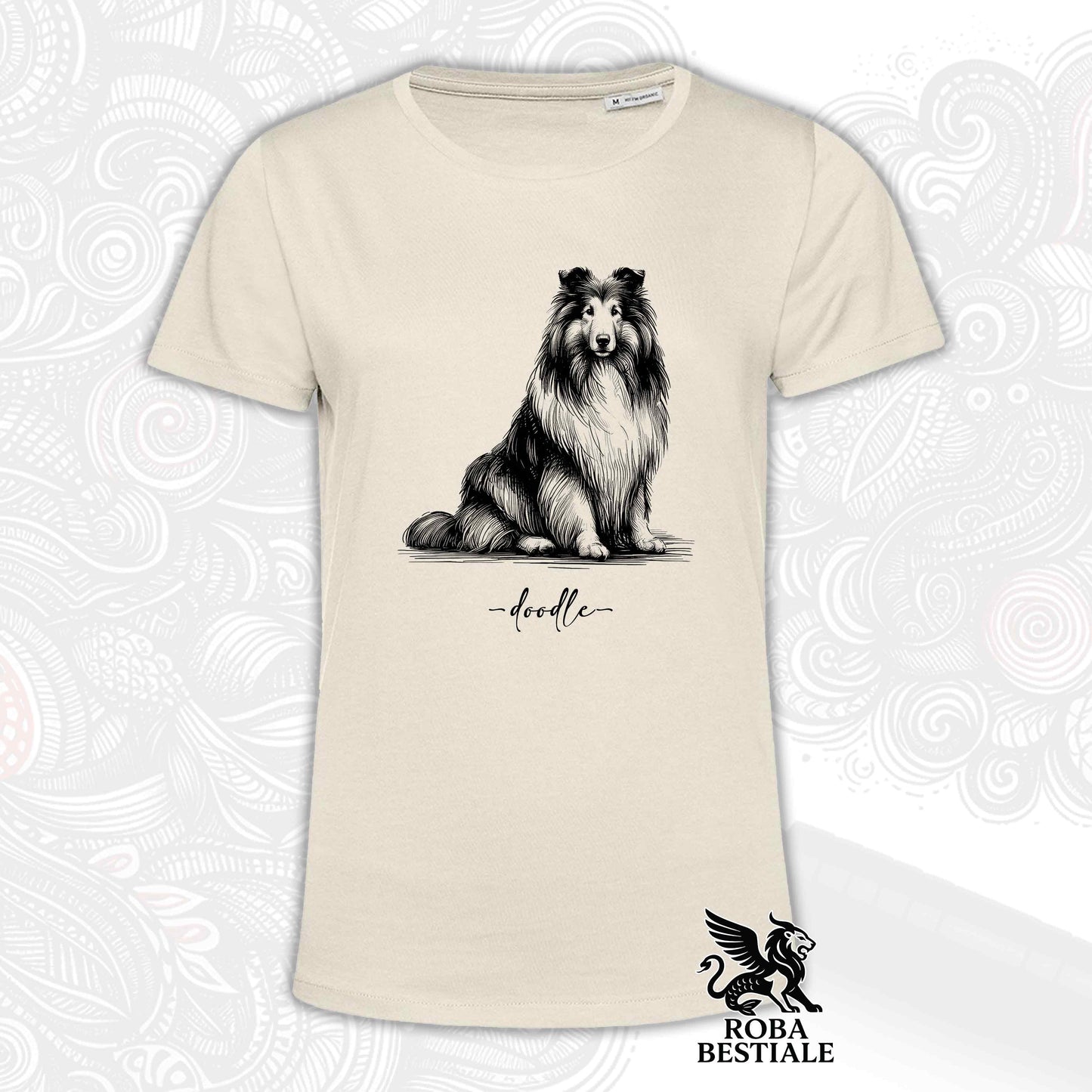 T-Shirt DOODLE - CANE DA PASTORE SCOZZESE a Pelo Lungo - Bianca o Beige, da Uomo o da Donna - dalla XS alla 5XLXL