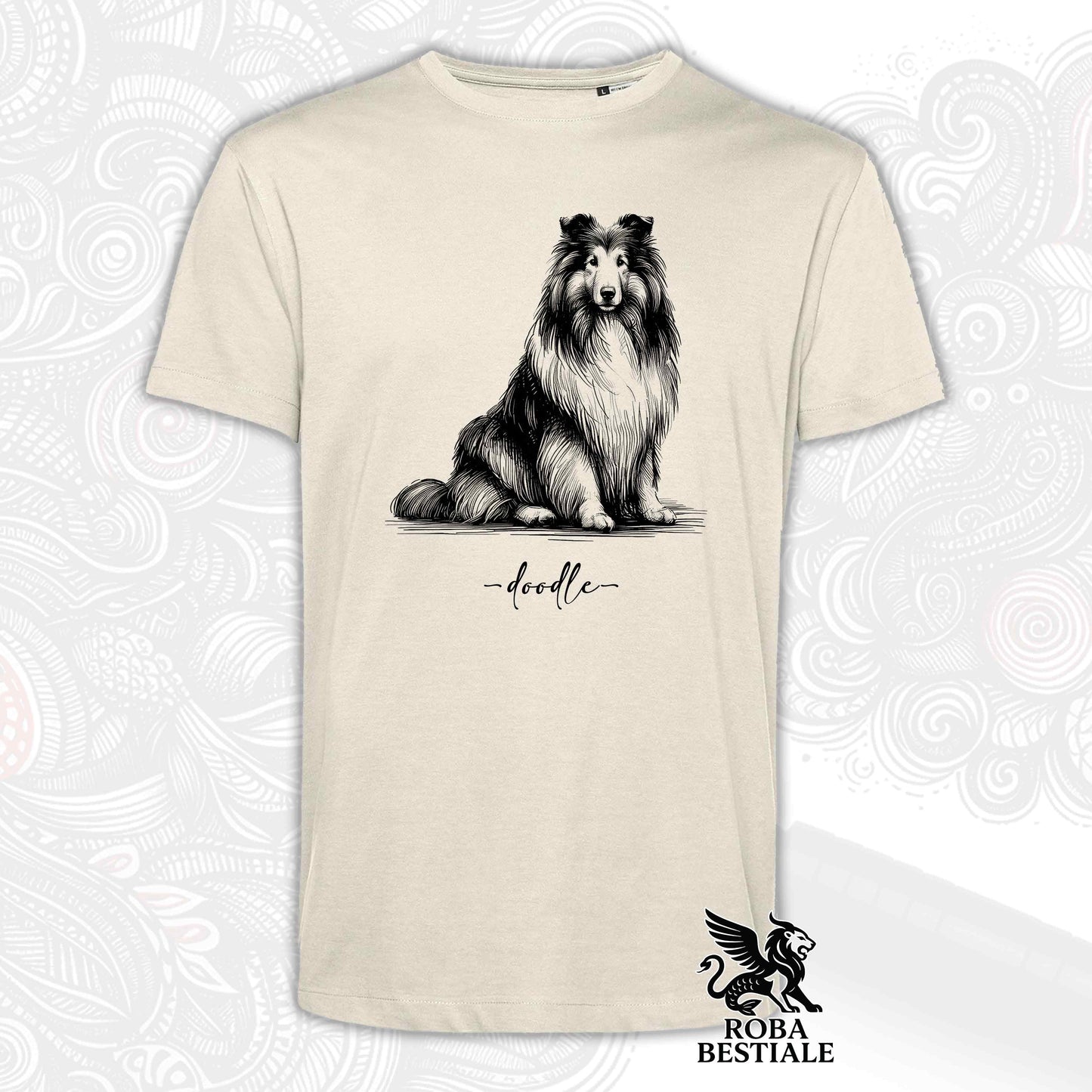 T-Shirt DOODLE - CANE DA PASTORE SCOZZESE a Pelo Lungo - Bianca o Beige, da Uomo o da Donna - dalla XS alla 5XLXL