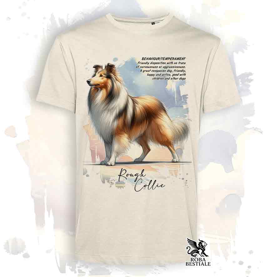 T-Shirt BEHAVIOR - CANE DA PASTORE SCOZZESE a Pelo Lungo Zibellino - Bianca o Beige, da Uomo o da Donna - dalla XS alla 5XL