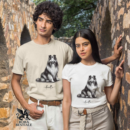 T-Shirt DOODLE - CANE DA PASTORE SCOZZESE a Pelo Lungo - Bianca o Beige, da Uomo o da Donna - dalla XS alla 5XLXL