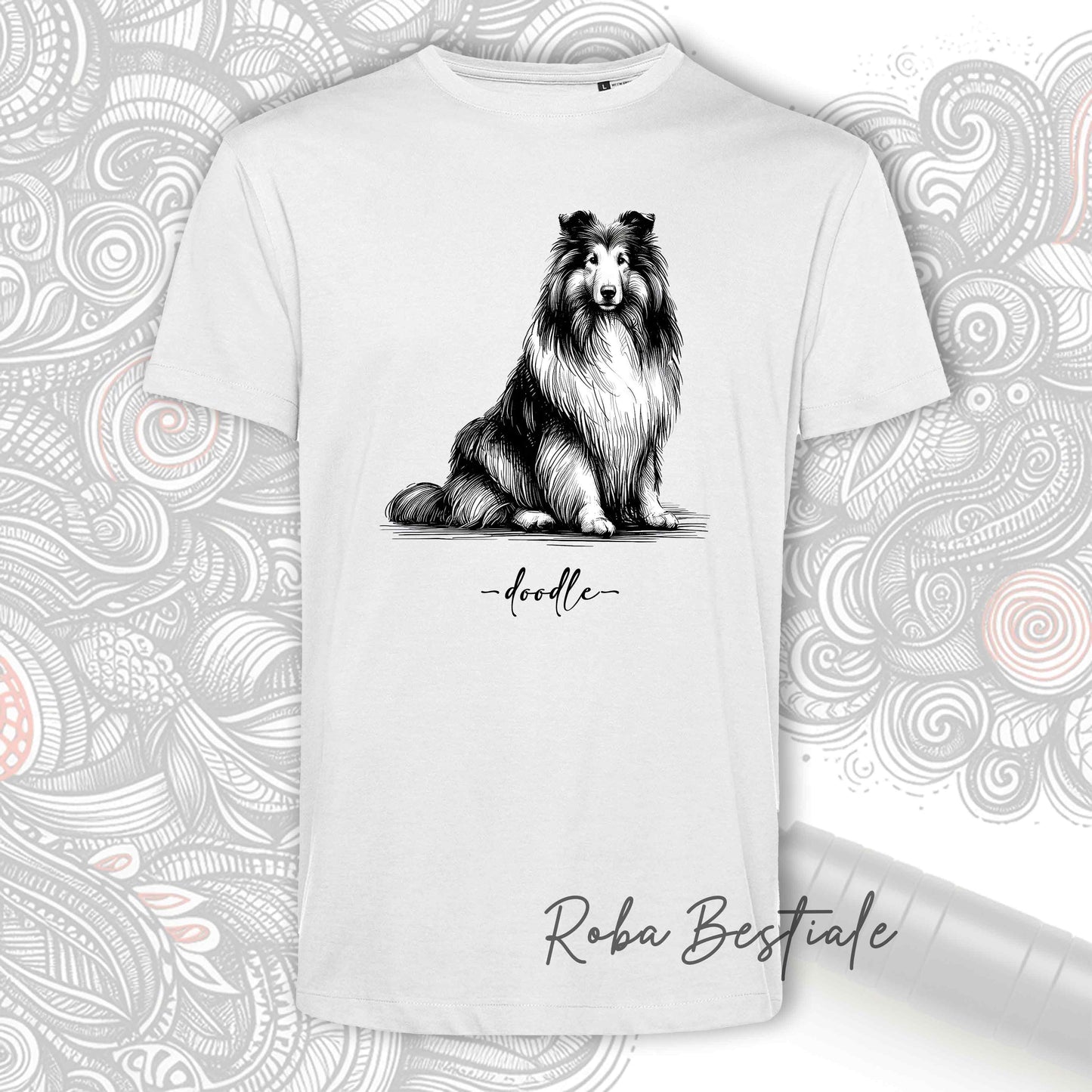 T-Shirt DOODLE - CANE DA PASTORE SCOZZESE a Pelo Lungo - 100% Cotone, Bianca, Uomo o Donna - dalla XS alla 5XL