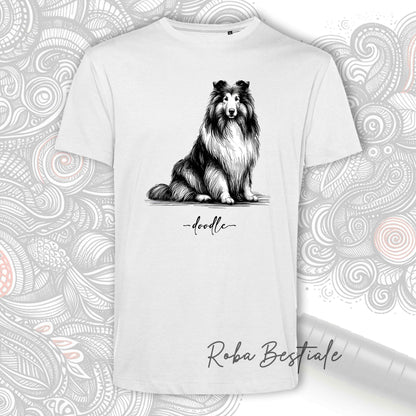 T-Shirt DOODLE - CANE DA PASTORE SCOZZESE a Pelo Lungo - 100% Cotone, Bianca, Uomo o Donna - dalla XS alla 5XL