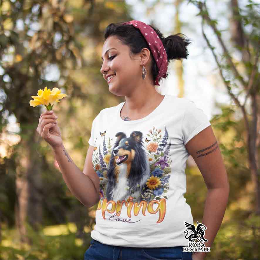 T-Shirt SPRING LOVE - CANE DA PASTORE SCOZZESE a Pelo Lungo, Black Tricolor - Bianca o Beige, da Uomo o da Donna - dalla XS alla 5XL