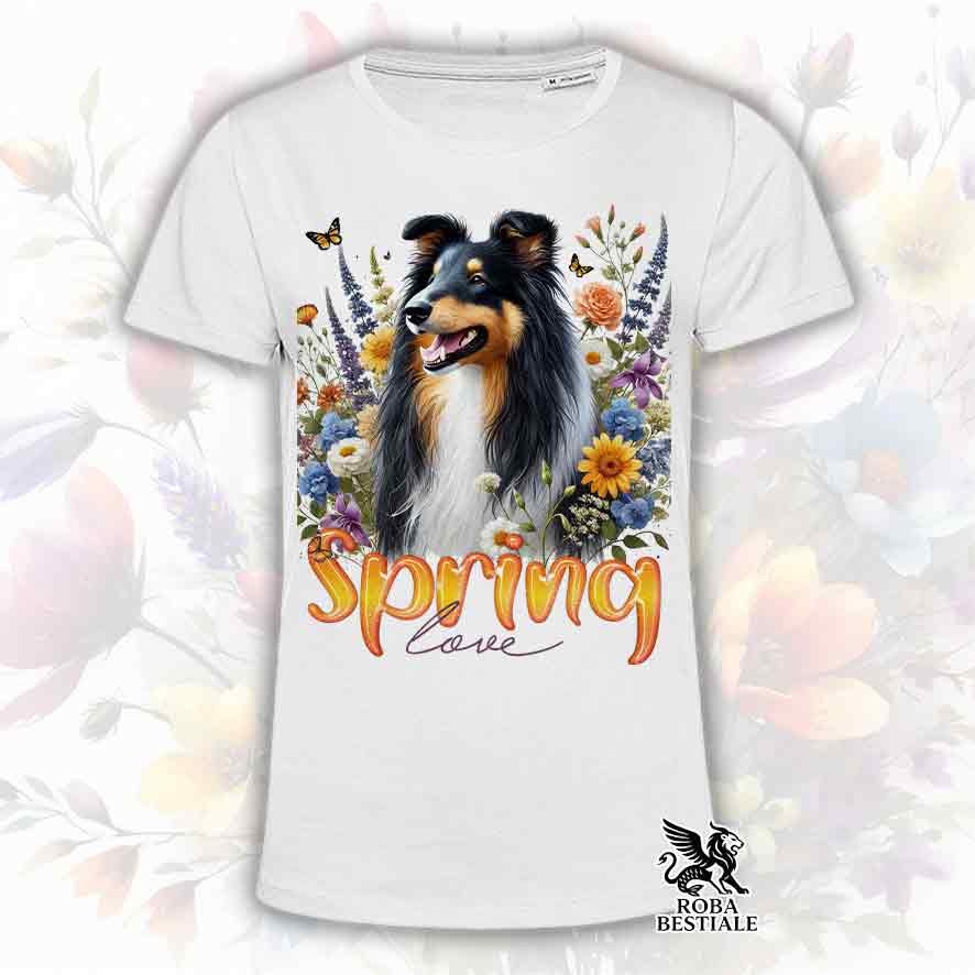 T-Shirt SPRING LOVE - CANE DA PASTORE SCOZZESE a Pelo Lungo, Black Tricolor - Bianca o Beige, da Uomo o da Donna - dalla XS alla 5XL