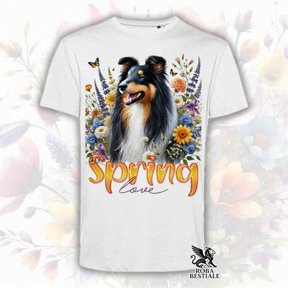 T-Shirt SPRING LOVE - CANE DA PASTORE SCOZZESE a Pelo Lungo, Black Tricolor - Bianca o Beige, da Uomo o da Donna - dalla XS alla 5XL
