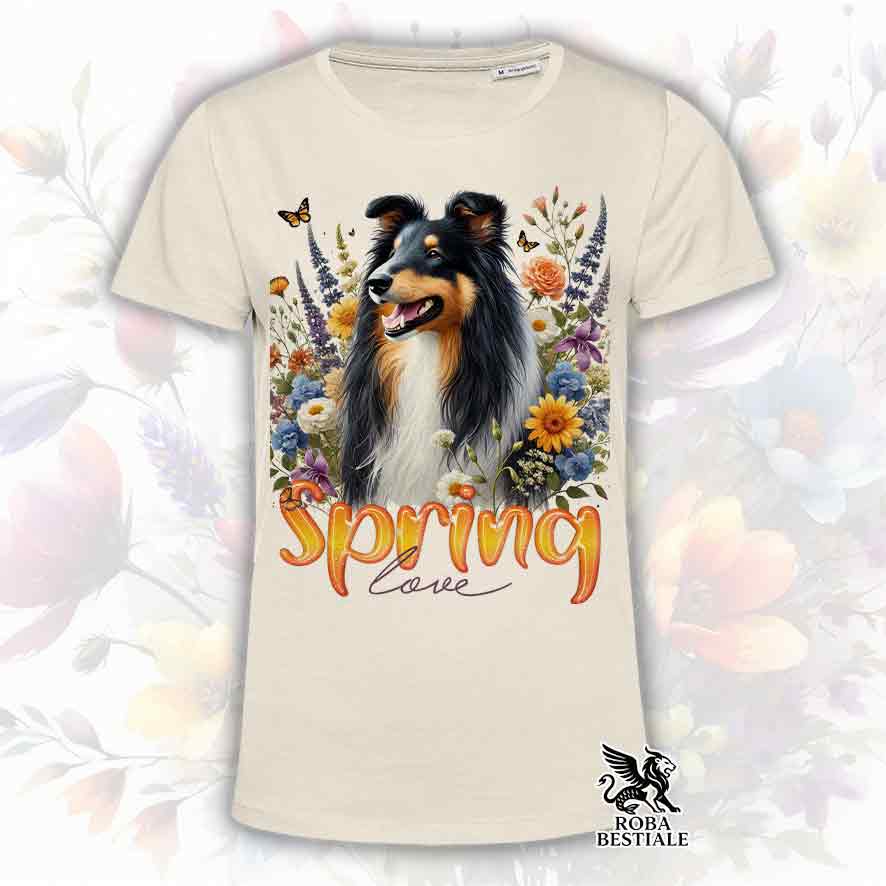 T-Shirt SPRING LOVE - CANE DA PASTORE SCOZZESE a Pelo Lungo, Black Tricolor - Bianca o Beige, da Uomo o da Donna - dalla XS alla 5XL
