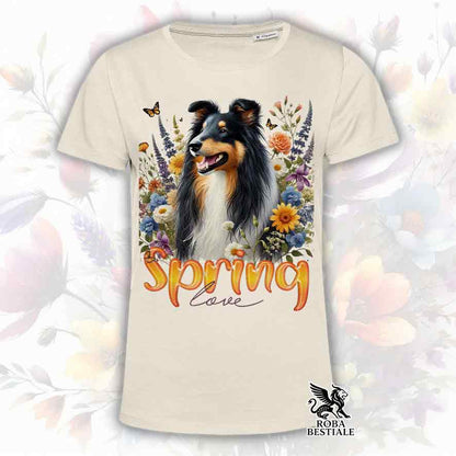 T-Shirt SPRING LOVE - CANE DA PASTORE SCOZZESE a Pelo Lungo, Black Tricolor - Bianca o Beige, da Uomo o da Donna - dalla XS alla 5XL