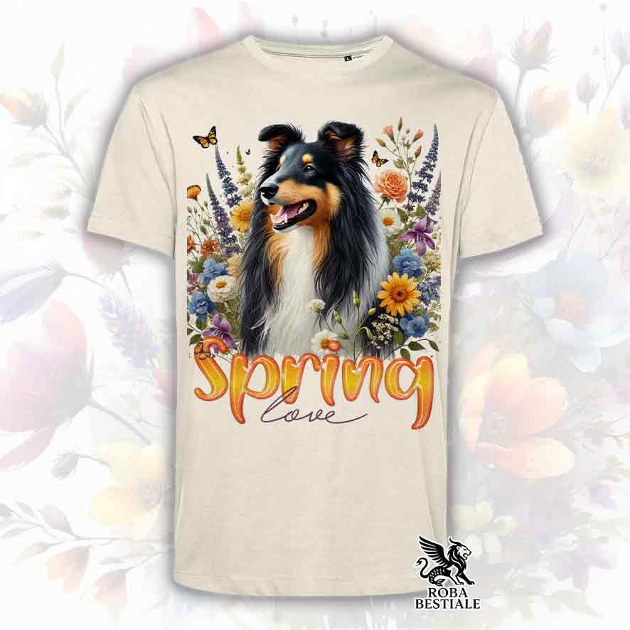 T-Shirt SPRING LOVE - CANE DA PASTORE SCOZZESE a Pelo Lungo, Black Tricolor - Bianca o Beige, da Uomo o da Donna - dalla XS alla 5XL
