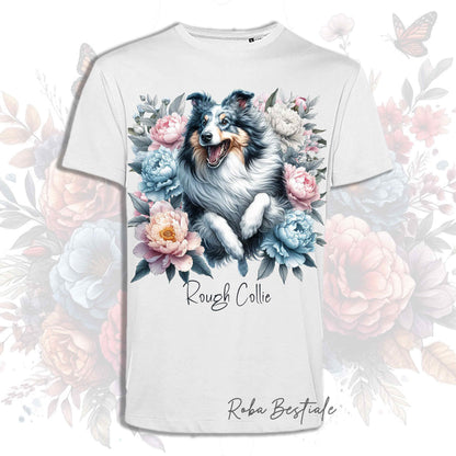 T-Shirt PEONY - CANE DA PASTORE SCOZZESE a Pelo Lungo Blue Merle - Bianca o Beige, Uomo o Donna, dalla XS alla 5XL