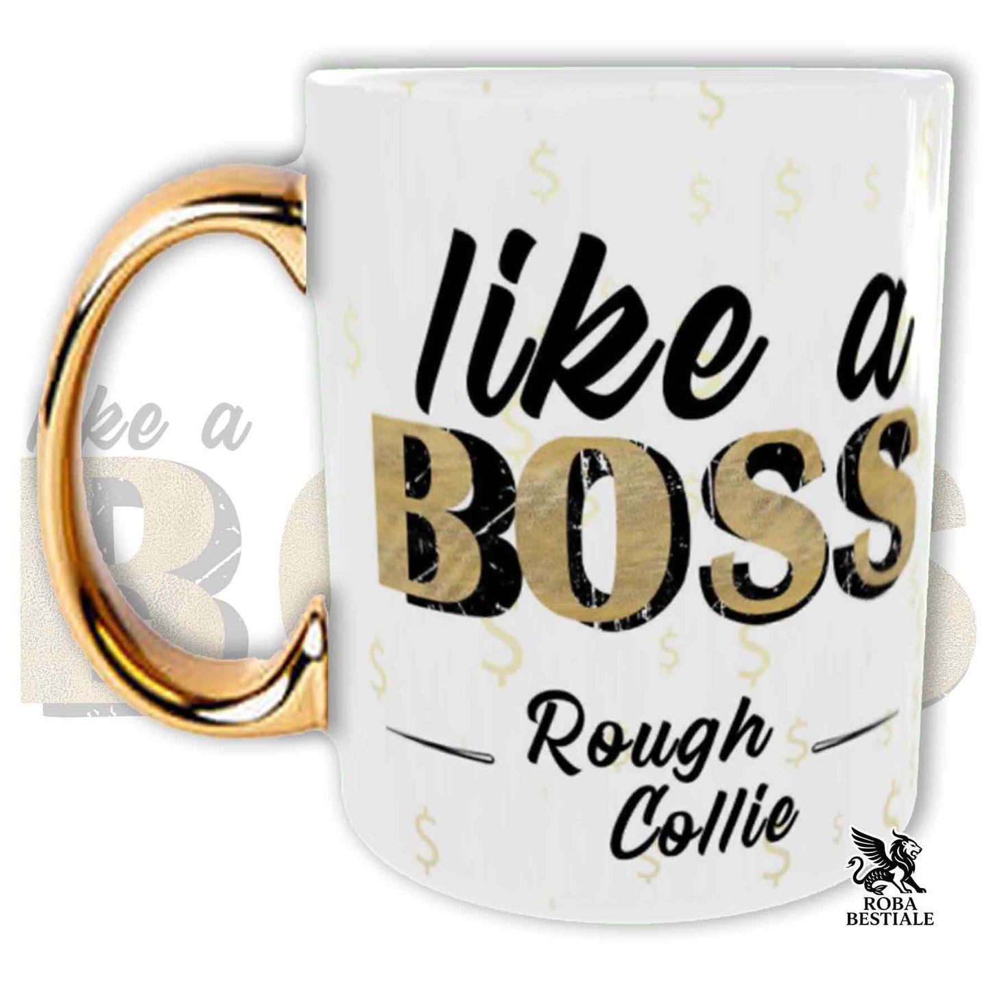 Tazza LIKE A BOSS - CANE DA PASTORE SCOZZESE a Pelo Lungo Fulvo Zibellino - Manico color ORO - 330 ml - in Ceramica