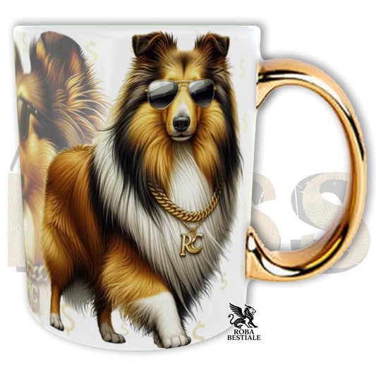 Tazza LIKE A BOSS - CANE DA PASTORE SCOZZESE a Pelo Lungo Fulvo Zibellino - Manico color ORO - 330 ml - in Ceramica