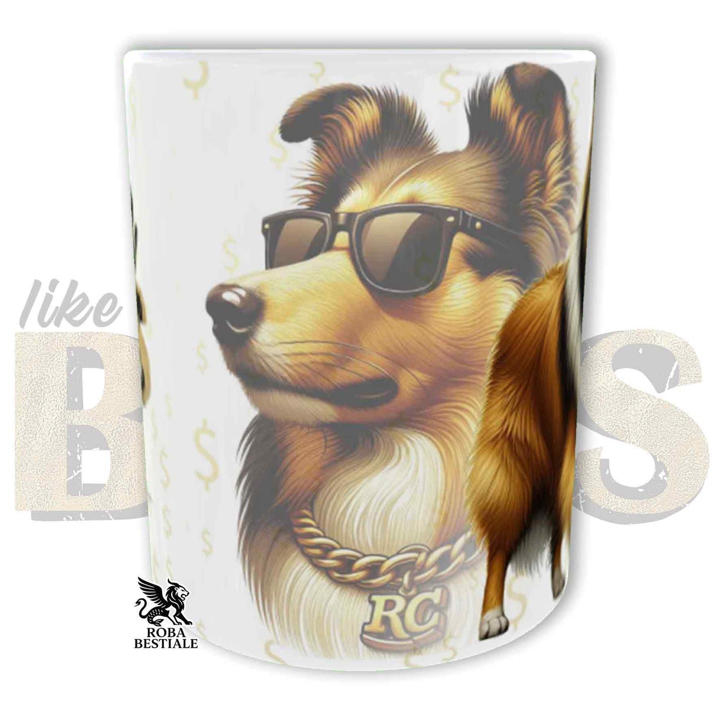 Tazza LIKE A BOSS - CANE DA PASTORE SCOZZESE a Pelo Lungo Fulvo Zibellino - Manico color ORO - 330 ml - in Ceramica