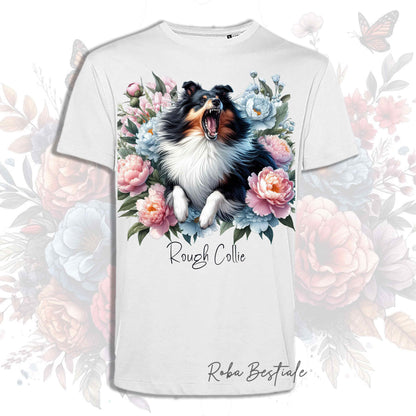 T-Shirt PEONY - CANE DA PASTORE SCOZZESE a Pelo Lungo Tricolore - Bianca o Beige, Uomo o Donna, dalla XS alla 5XL