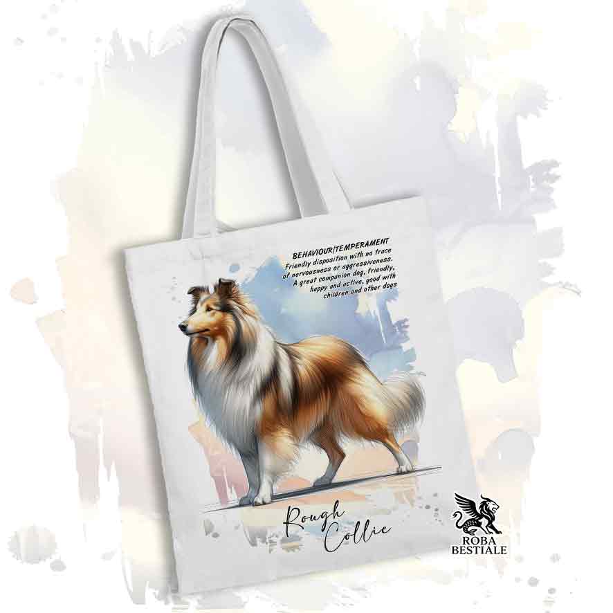 Tote Bag BEHAVIOR - CANE DA PASTORE SCOZZESE a Pelo Lungo Zibellino - 100% Cotone - Bianca o Beige