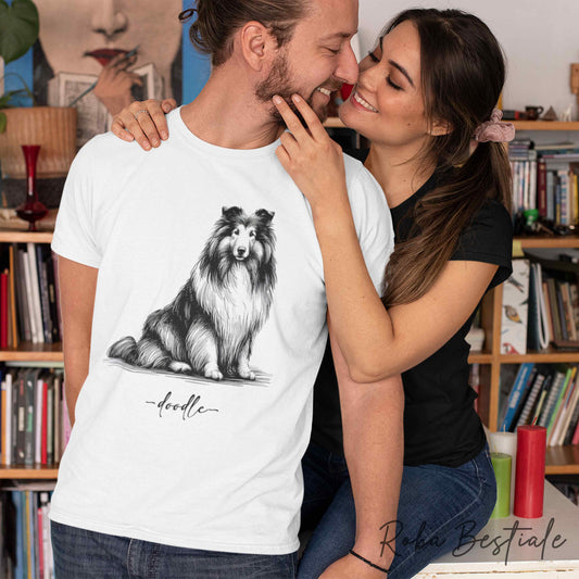 T-Shirt DOODLE - CANE DA PASTORE SCOZZESE a Pelo Lungo - 100% Cotone, Bianca, Uomo o Donna - dalla XS alla 5XL