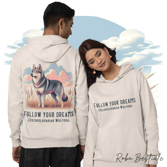 Felpa Estiva QUOTES "DREAM" - CANE LUPO CECOSLOVACCO - con Cappuccio, Unisex - Off White, Bianca o Grigia - dalla S alla 2XL