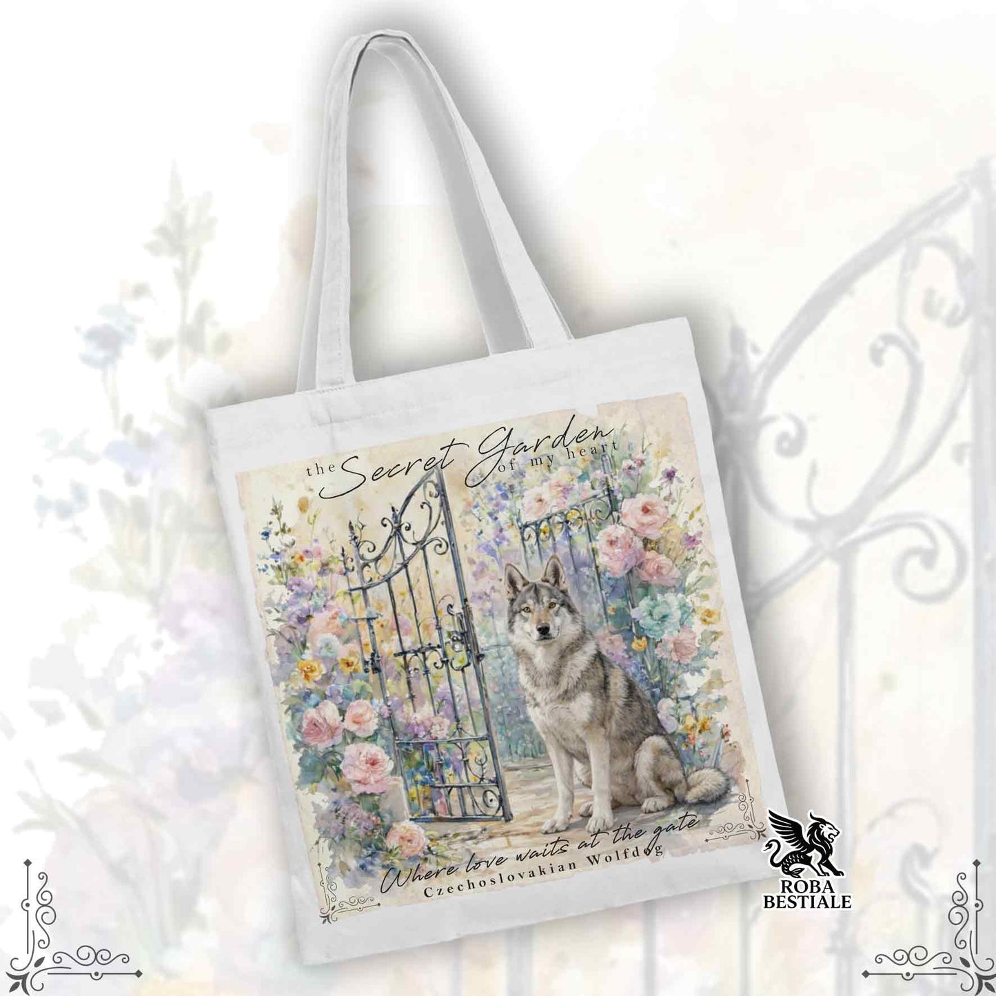 Tote Bag SECRET GARDEN - CANE LUPO CECOSLOVACCO - 100% Cotone - Bianca o Beige