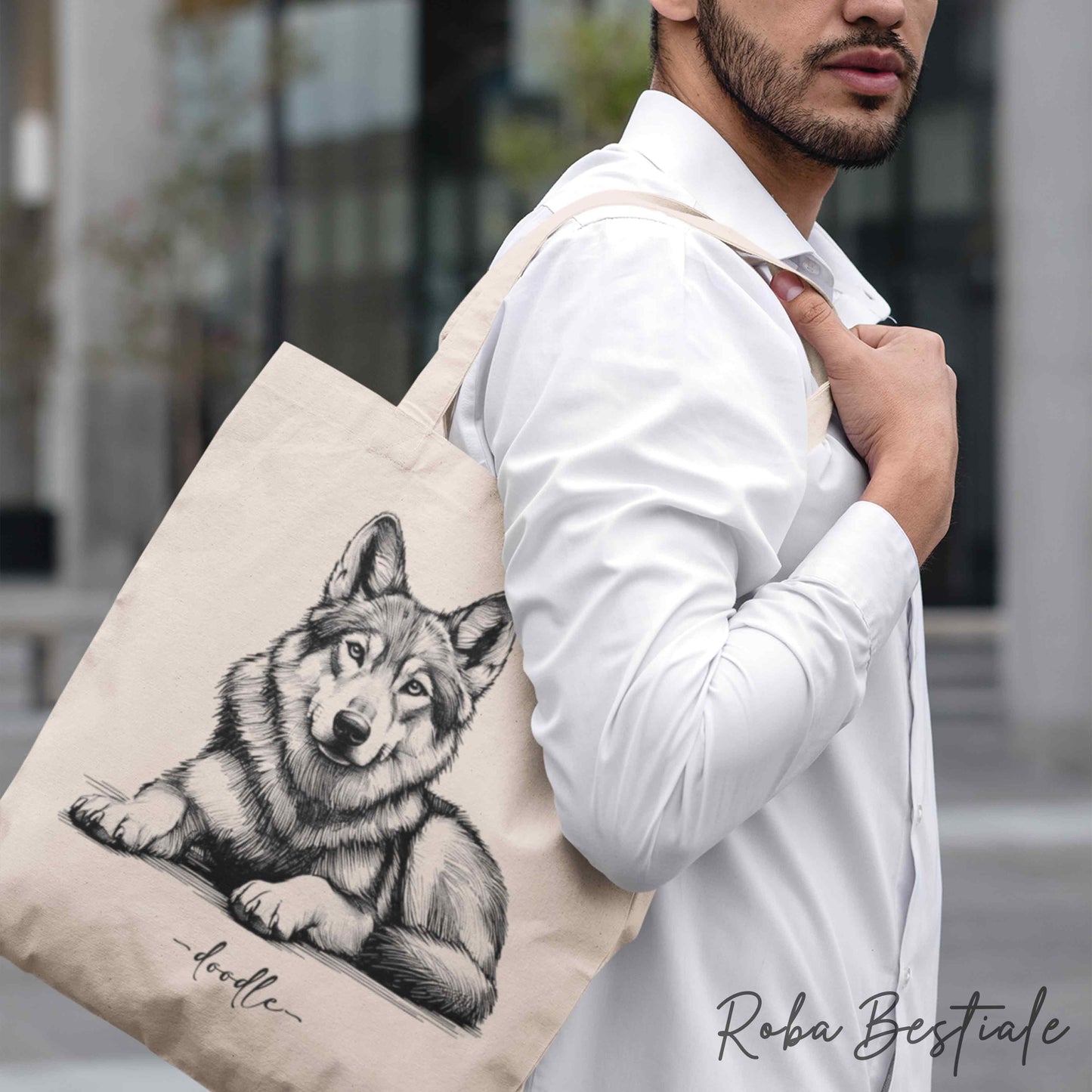 Shopper DOODLE - CZECHOSLOVAKIAN WOLFDOG - 100% Cotton - White or Beige