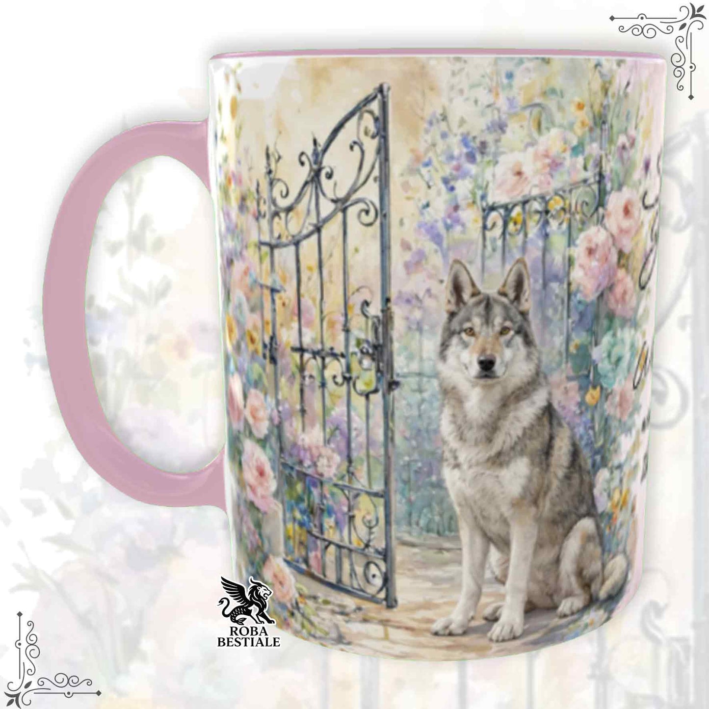 Tazza SECRET GARDEN - CANE LUPO CECOSLOVACCO - Dettagli ROSA - 330 ml - in Ceramica