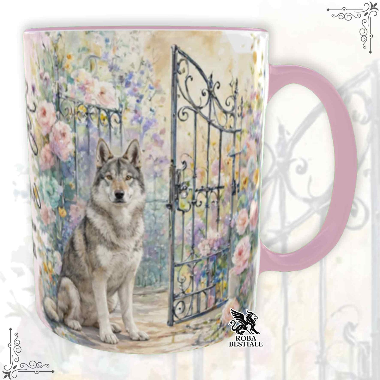 Tazza SECRET GARDEN - CANE LUPO CECOSLOVACCO - Dettagli ROSA - 330 ml - in Ceramica