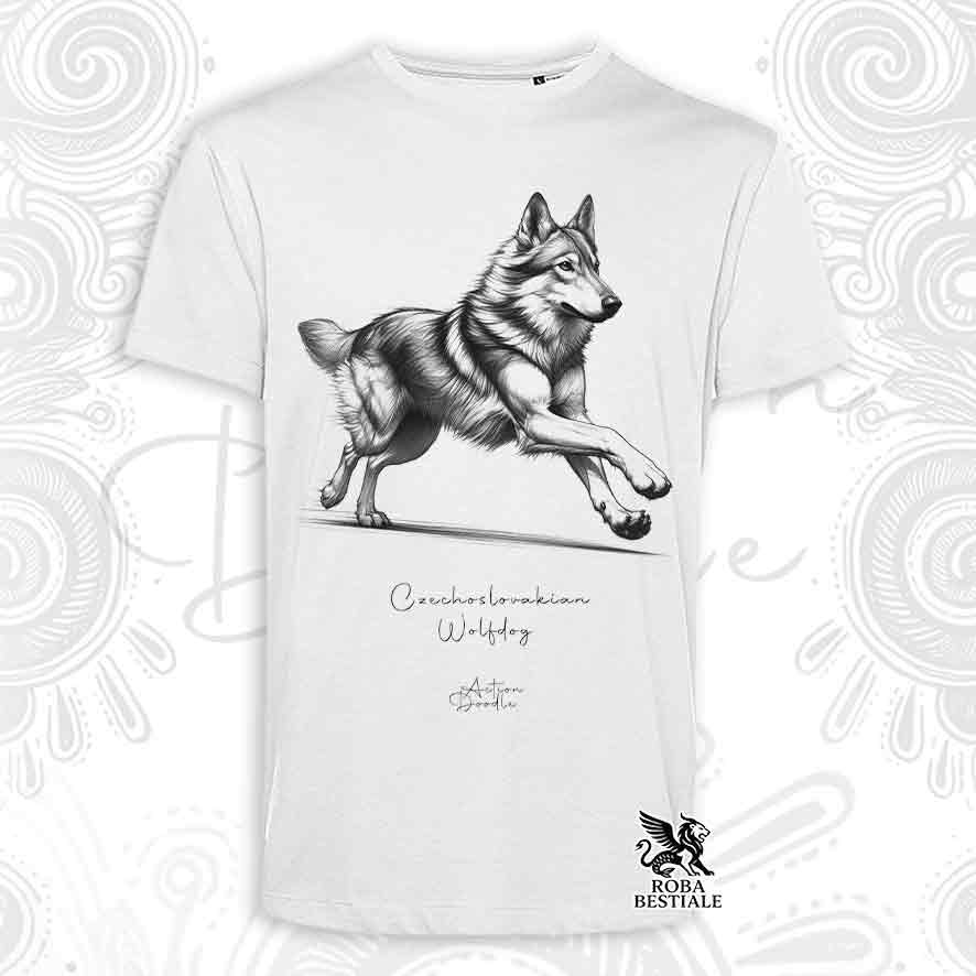 T-Shirt ACTION DOODLE - CANE LUPO CECOSLOVACCO - Bianca o Beige, da Uomo o da Donna - dalla XS alla 5XL