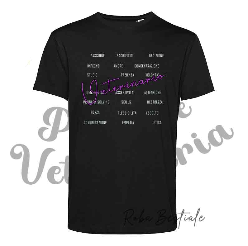 T-shirt PASSIONE VETERINARIA - SKILLS - NERA - Uomo o Donna, Scritta principale in colore a scelta, 100% cotone
