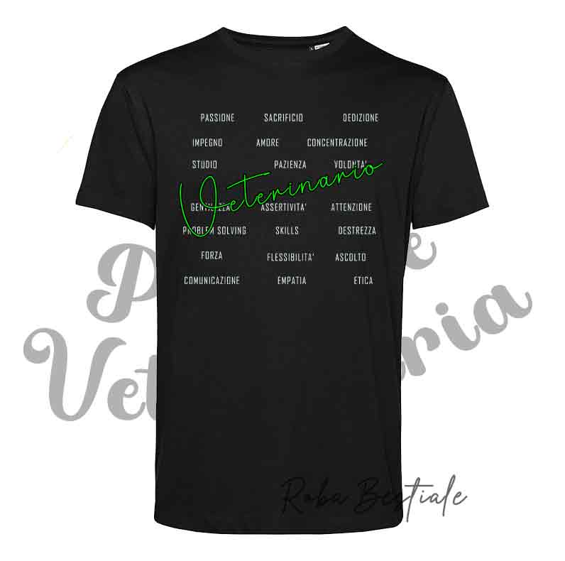 T-shirt PASSIONE VETERINARIA - SKILLS - NERA - Uomo o Donna, Scritta principale in colore a scelta, 100% cotone